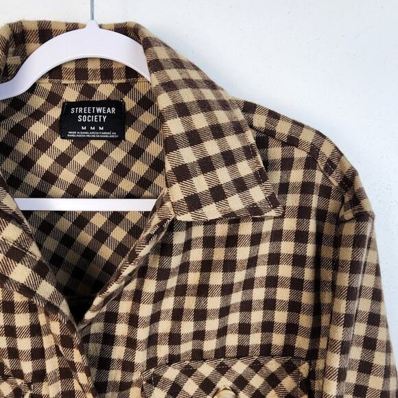 Streetwear Society Brown Tan Plaid Button Front Shacket Size Medium Grunge City - Picture 3 of 4